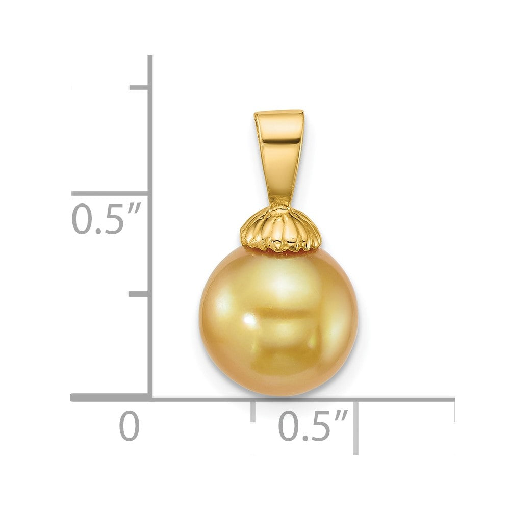 14K Yellow Gold Polished 9-10mm Round Golden South Sea Saltwater Cultured Pearl Pendant