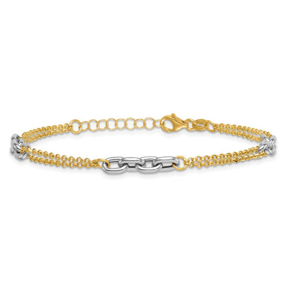 14K Two-Tone Gold Polished Fancy Oval Link and Double Strand Chain 7.25 Inch with 1 Inch extension Bracelet
