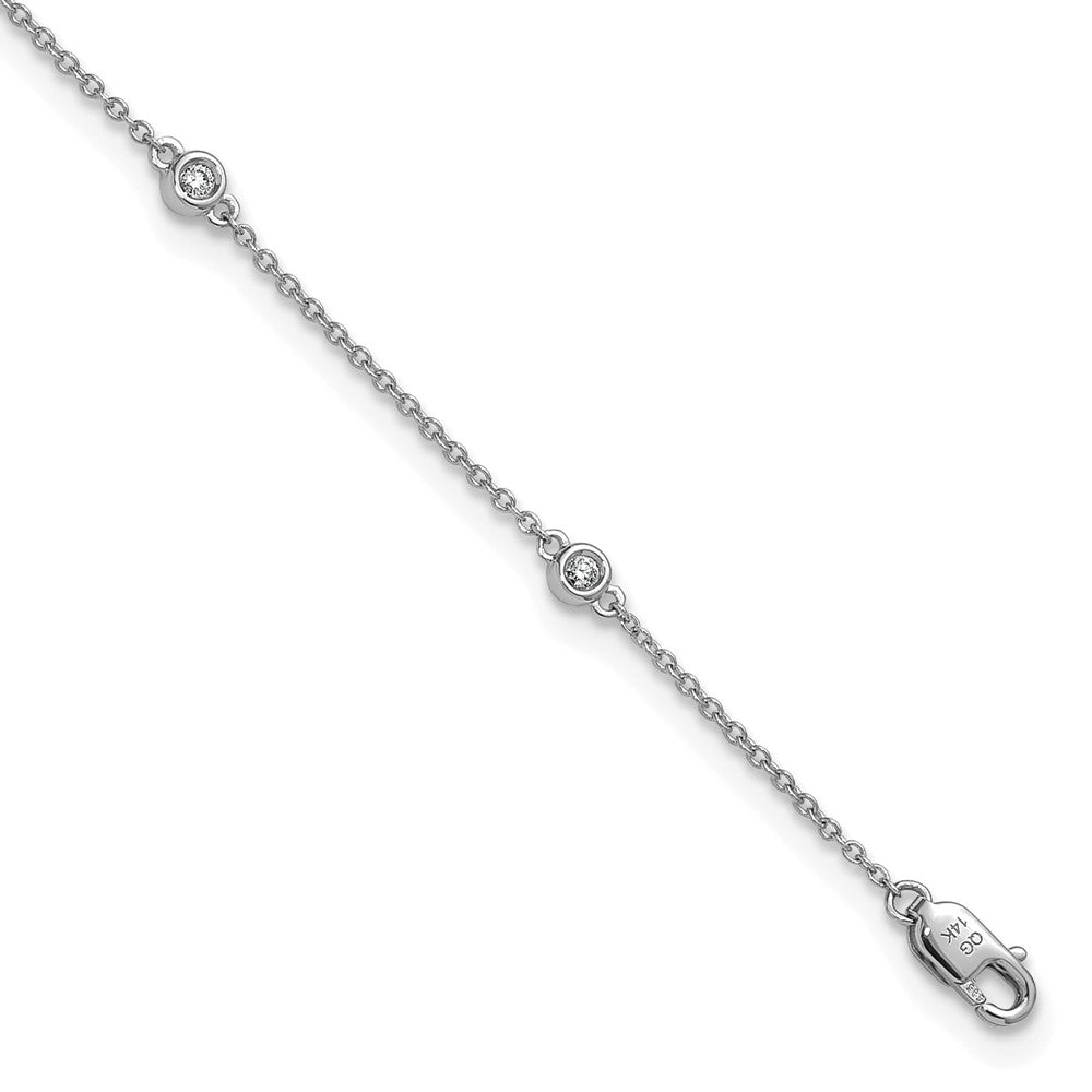 14K White Gold Complete 1/6 carat Bezel-set Diamond and Cable Chain 7-Station 9 Inch Anklet