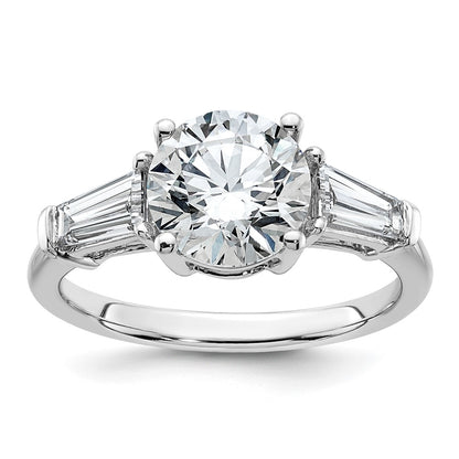 14K White Gold 3/4 carat Lab Grown Diamond VS+ F+ Tapered Baguette with 2 carat Round Center Semi Mount Three Stone Engagement Ring