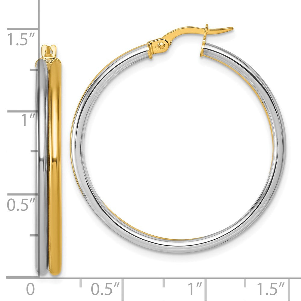 14K Yellow Gold with Rhodium Polished 4.00mm x 35mm Round Hoop Earrings