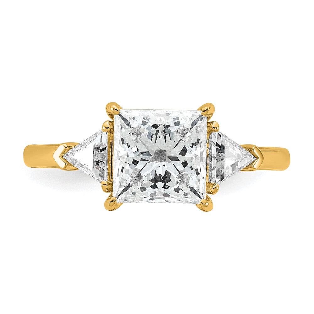 14K Yellow Gold 1/2 carat Lab Grown Diamond VS+ F+ Trillion and 2 carat Princess Center Semi Mount Three Stone Engagement Ring