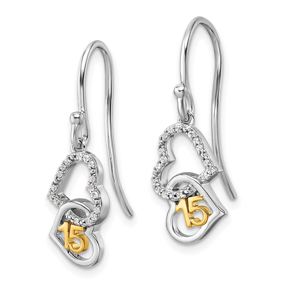 14K Two-Tone Gold Two-tone 1/10 carat Diamond Quinceanera 15 Double Heart Dangle French Hook Earrings