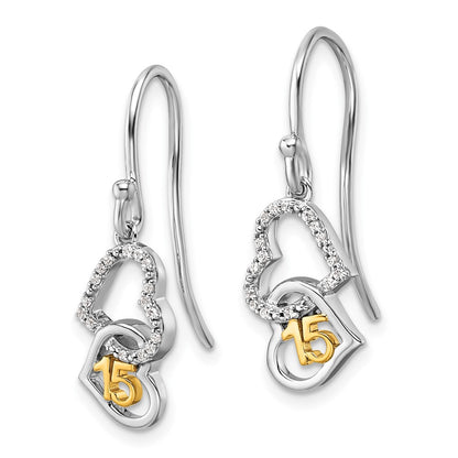 14K Two-Tone Gold Two-tone 1/10 carat Diamond Quinceanera 15 Double Heart Dangle French Hook Earrings