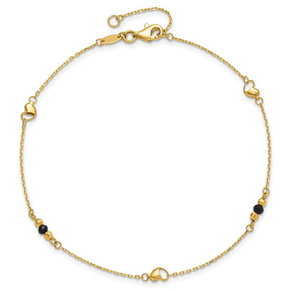 14K Yellow Gold Heart and Lab Created Onyx 9 Inch Plus 1 Inch Extender - Total 10 Inch Anklet