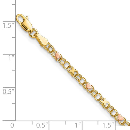 14K Two-Tone Gold Polished and Satin -plated X-and-Heart 10 Inch Anklet
