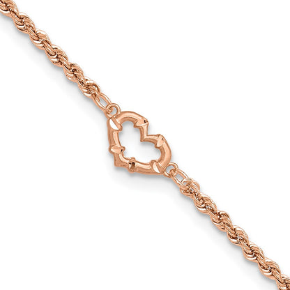 14K Rose Gold Diamond-cut Open Heart and Rope Chain 10 Inch Anklet