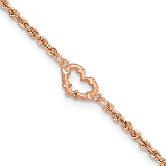 14K Rose Gold Diamond-cut Open Heart and Rope Chain 10 Inch Anklet