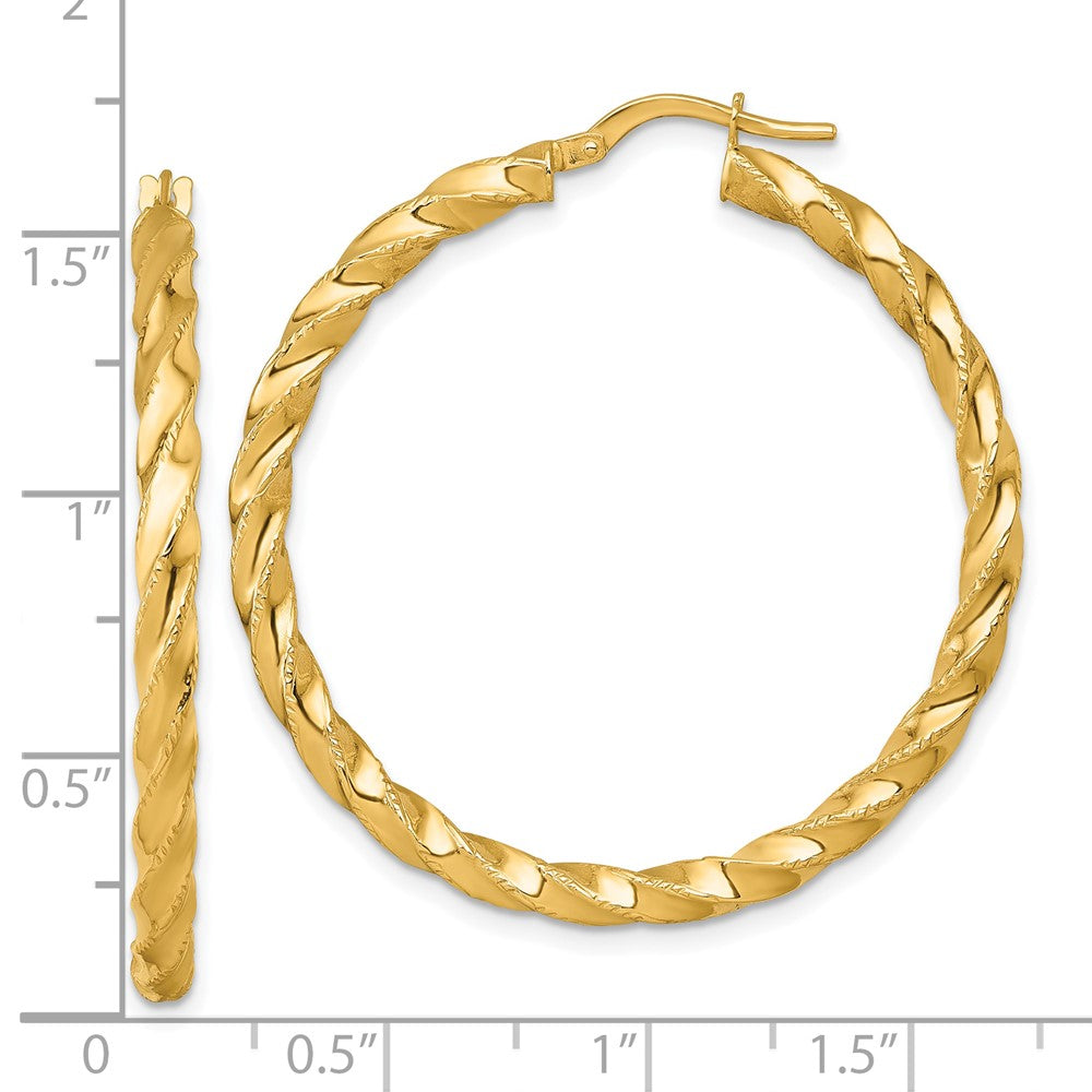 14K Yellow Gold Polished Diamond-cut Twisted 3.00 x 40mm Tube Hoop Earrings