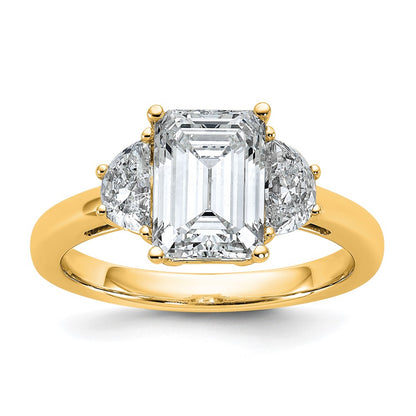 14K Yellow Gold 1/2 carat Lab Grown Diamond VS+ F+ Semi Mount Emerald and Half Moon Three Stone Engagement Ring