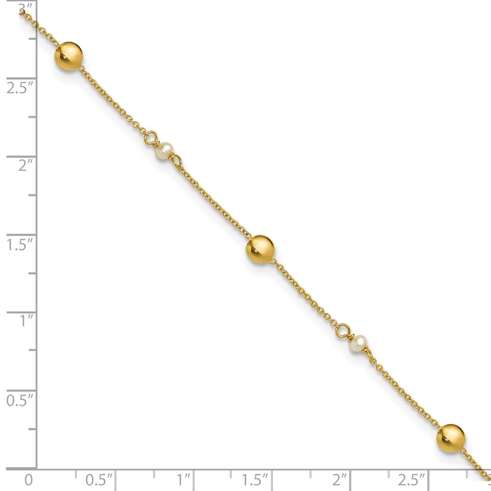 14K Yellow Gold Freshwater Cultured Pearl / Round Beads 9 Inch Plus 1 Inch Extender - Total 10 Inch Anklet