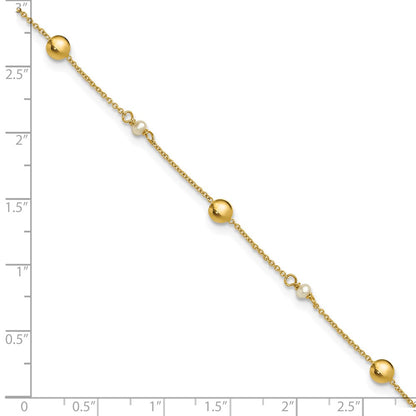 14K Yellow Gold Freshwater Cultured Pearl / Round Beads 9 Inch Plus 1 Inch Extender - Total 10 Inch Anklet