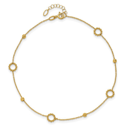 14K Yellow Gold Circle and Diamond-cut Bead 10 Inch Plus 1 Inch Extender - Total 11 Inch Anklet