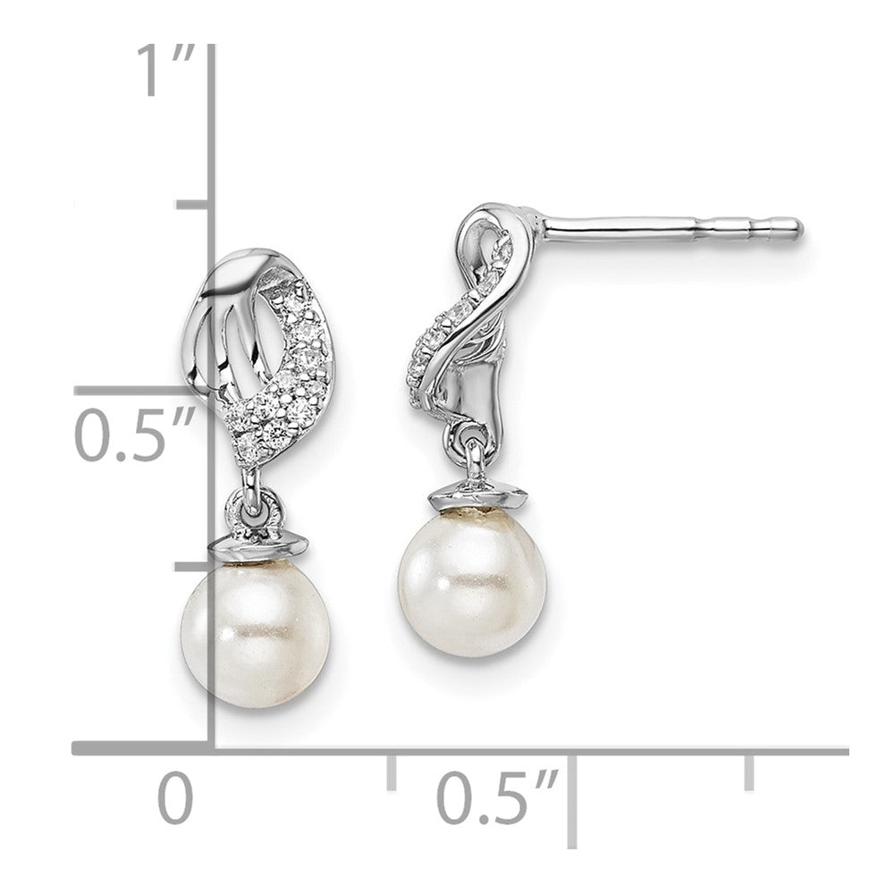 14K White Gold Polished 1/20 carat Diamond and White Freshwater Cultured Pearl Dangle Post Earrings