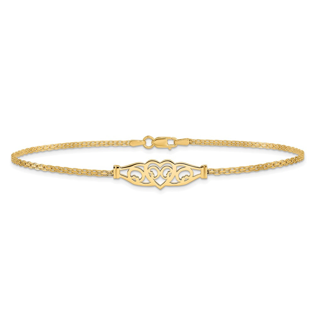 14K Yellow Gold Polished Filigree Heart and Bismark Chain 10 Inch Anklet