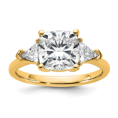 14K Yellow Gold 3 1/8 carat Certified Lab Grown Diamond VS+ F+ Cushion and Triangle Complete Three Stone Engagement Ring