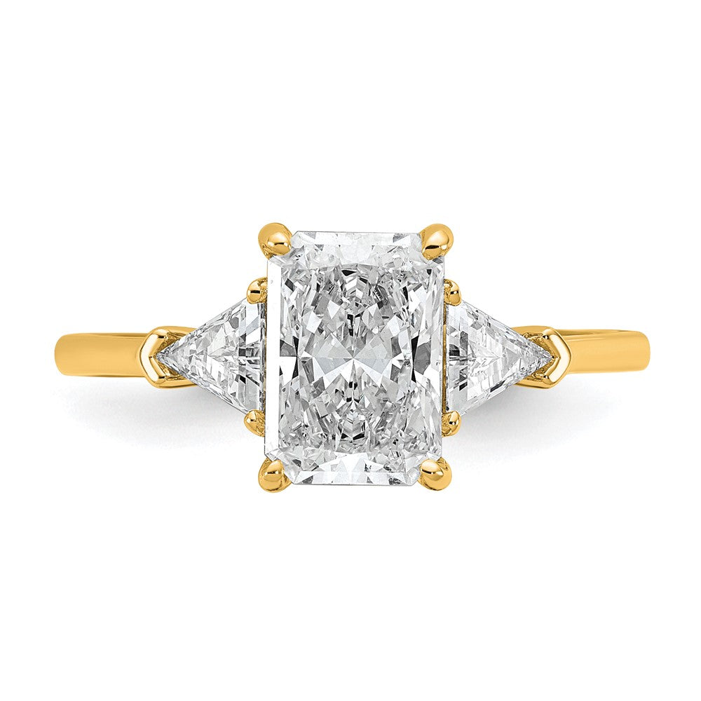 14K Yellow Gold 2 carat Certified Lab Grown Diamond VS/SI+ G+ Radiant and Triangle Complete Three Stone Engagement Ring