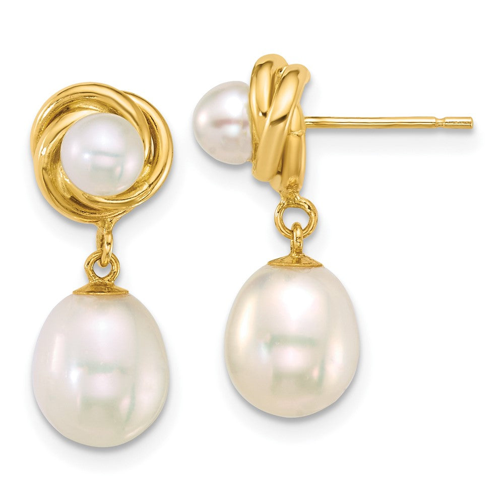 14K Yellow Gold Polished 4-5mm Button and 7-8mm Rice Freshwater Cultured Pearl Dangle Post Earrings