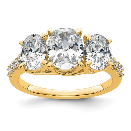 14K Yellow Gold 1/5 carat Lab Grown Diamond VS+ F+ Oval Center Semi Mount Three Stone Engagement Ring