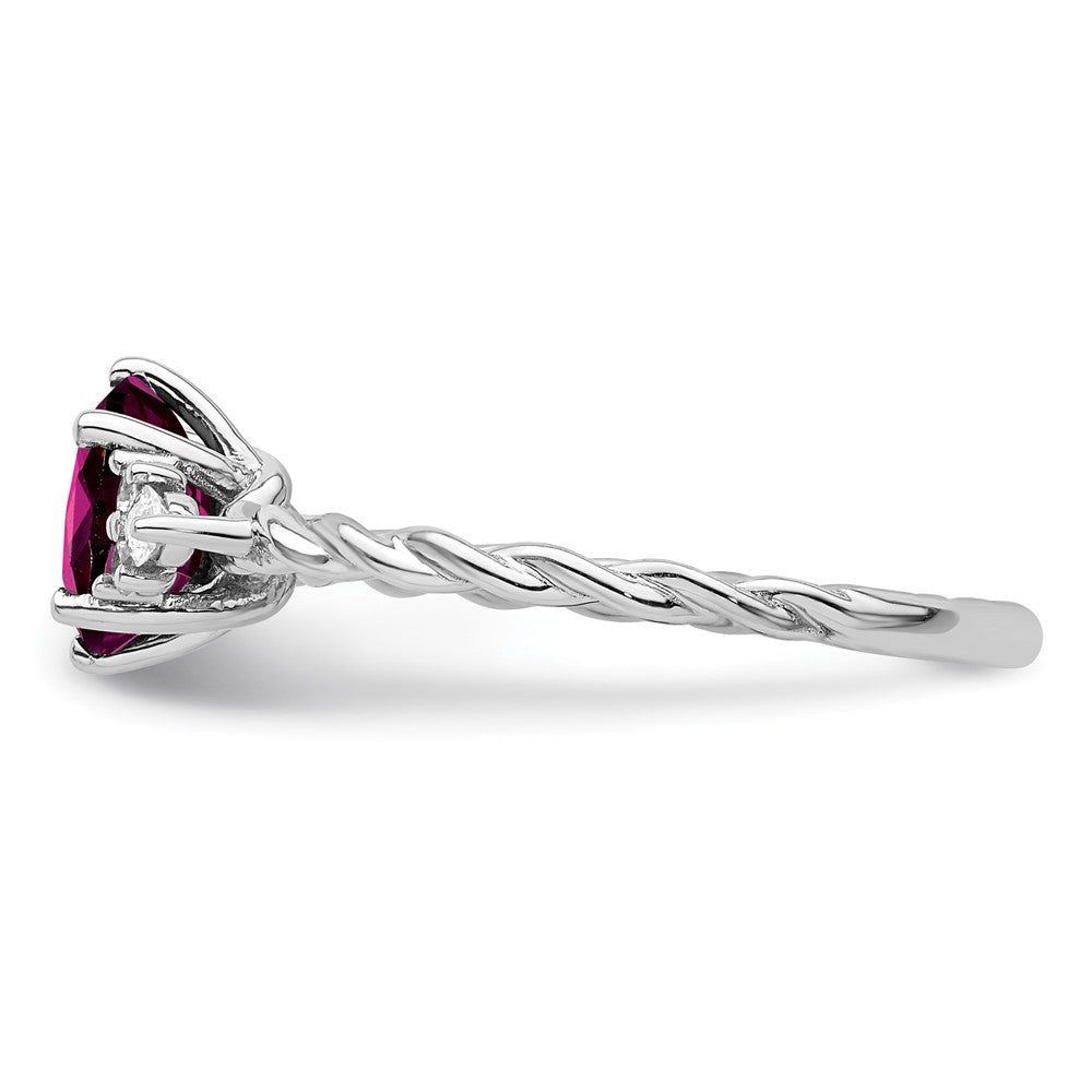 14K White Gold Diamond and 7x5 Oval June/Rhodolite Garnet Size 7 Twisted Ring