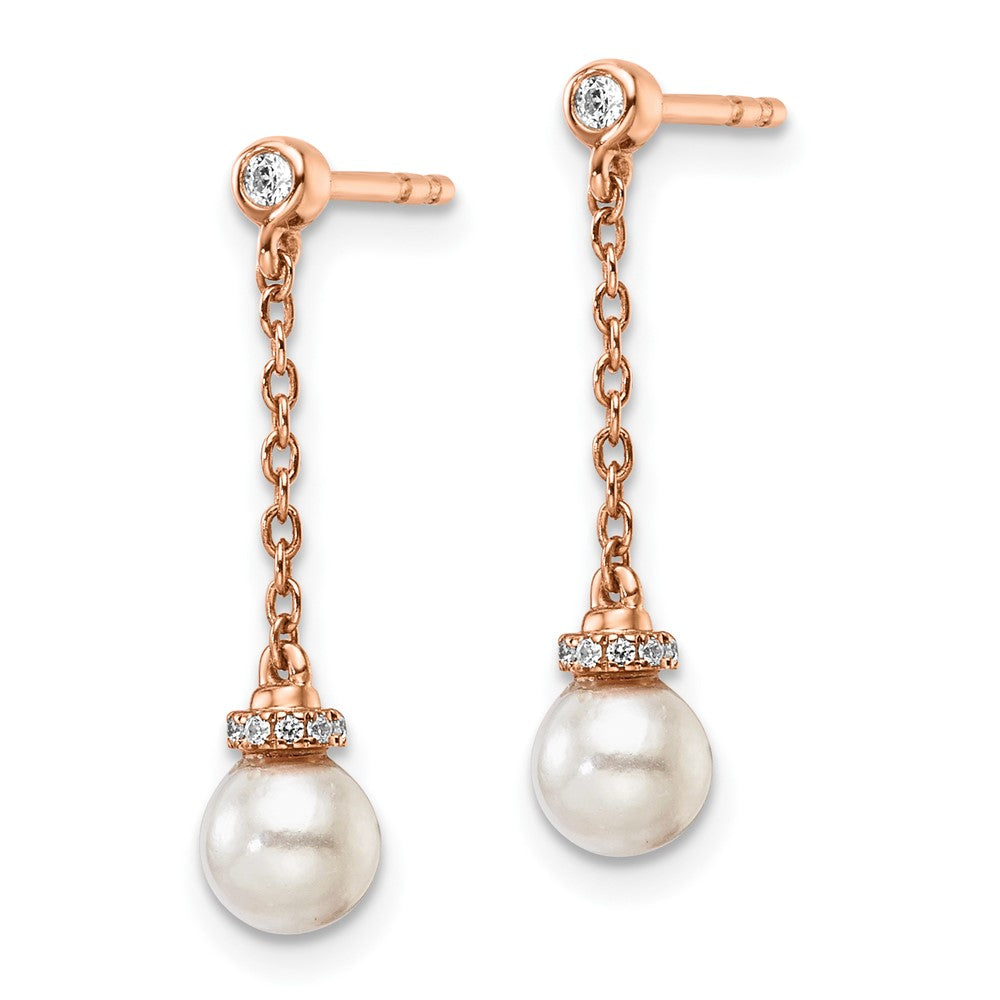 14K Rose Gold Polished 1/10 carat Diamond and White Freshwater Cultured Pearl Chain Dangle Post Earrings