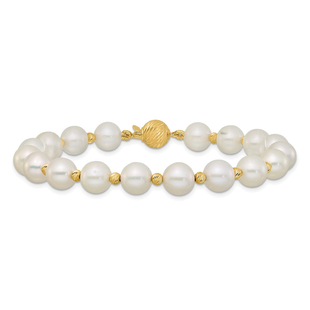 14K Yellow Gold 8-9mm Near-Round Freshwater Cultured Pearl and Diamond-cut Beaded 7.5 Inch Bracelet
