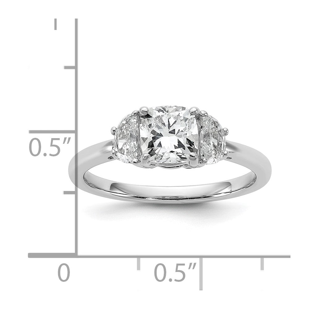14K White Gold 3/8 carat Lab Grown Diamond VS+ F+ Half Moon and 1 carat Cushion Center Semi Mount Three Stone Engagement Ring