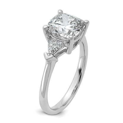 14K White Gold 3 1/8 carat Certified Lab Grown Diamond VS+ F+ Cushion and Triangle Complete Three Stone Engagement Ring
