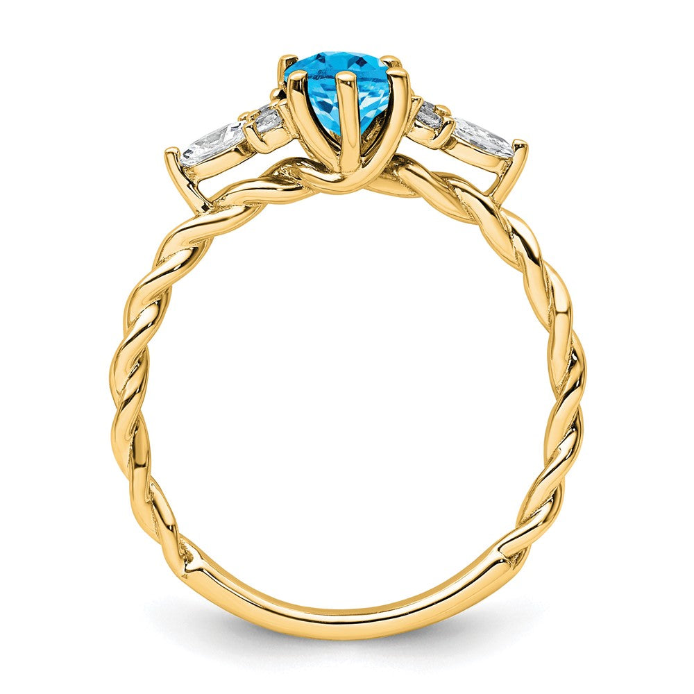 14K Yellow Gold Diamond and 7x5 Oval December/Blue Topaz Size 7 Twisted Ring