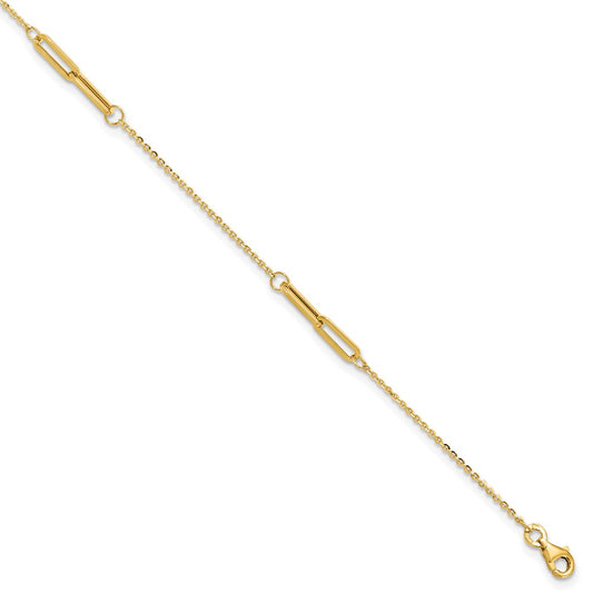 14K Yellow Gold Paperclip Link 3-Station 9 Inch Plus 0.5 Inch Extender - Total 9.5 Inch Anklet