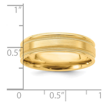 14K Yellow Gold 6mm Heavyweight Comfort Fit Brushed Satin/Polished Milgrain Grooved Edge Wedding Band Ring