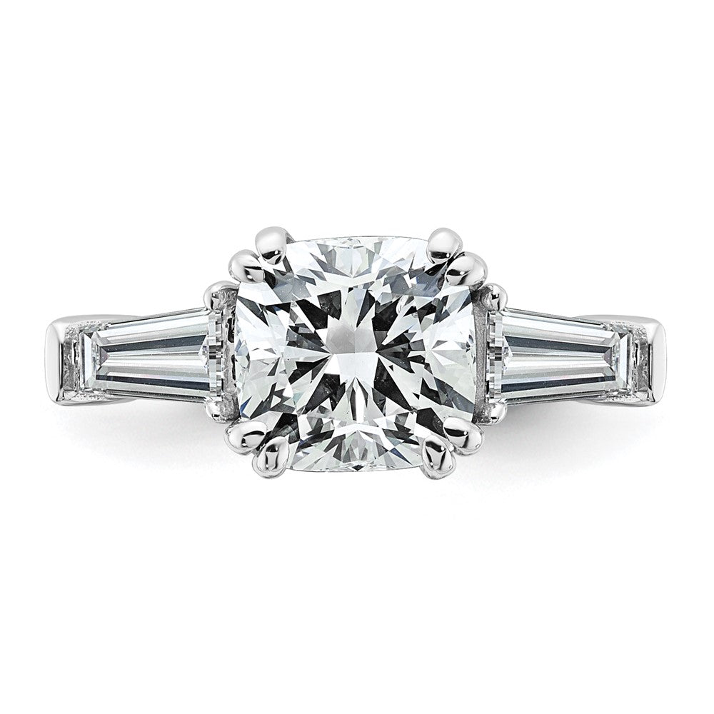14K White Gold 2 5/8 carat Lab Grown Diamond VS+ F+ Cushion and Tapered Baguette Complete Three Stone Engagement Ring