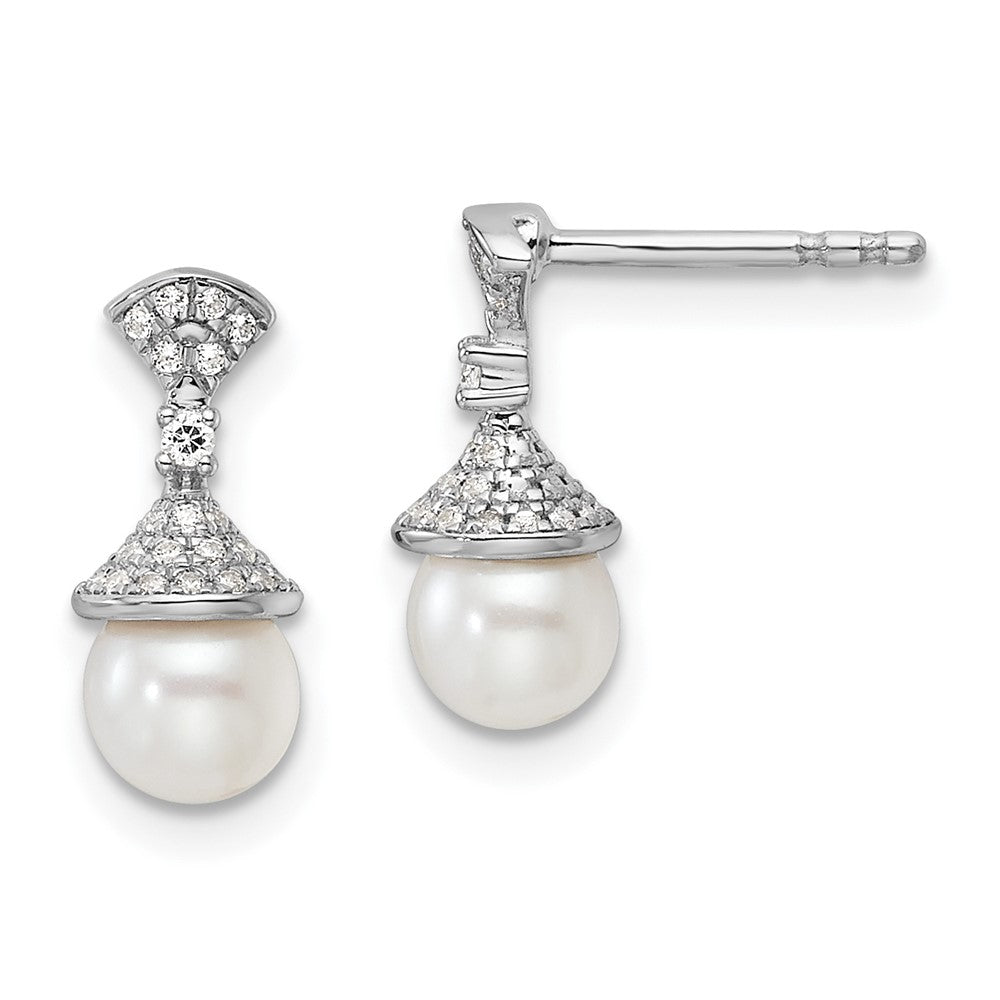 14K White Gold Polished 1/8 carat Diamond and White Freshwater Cultured Pearl Drop Post Earrings