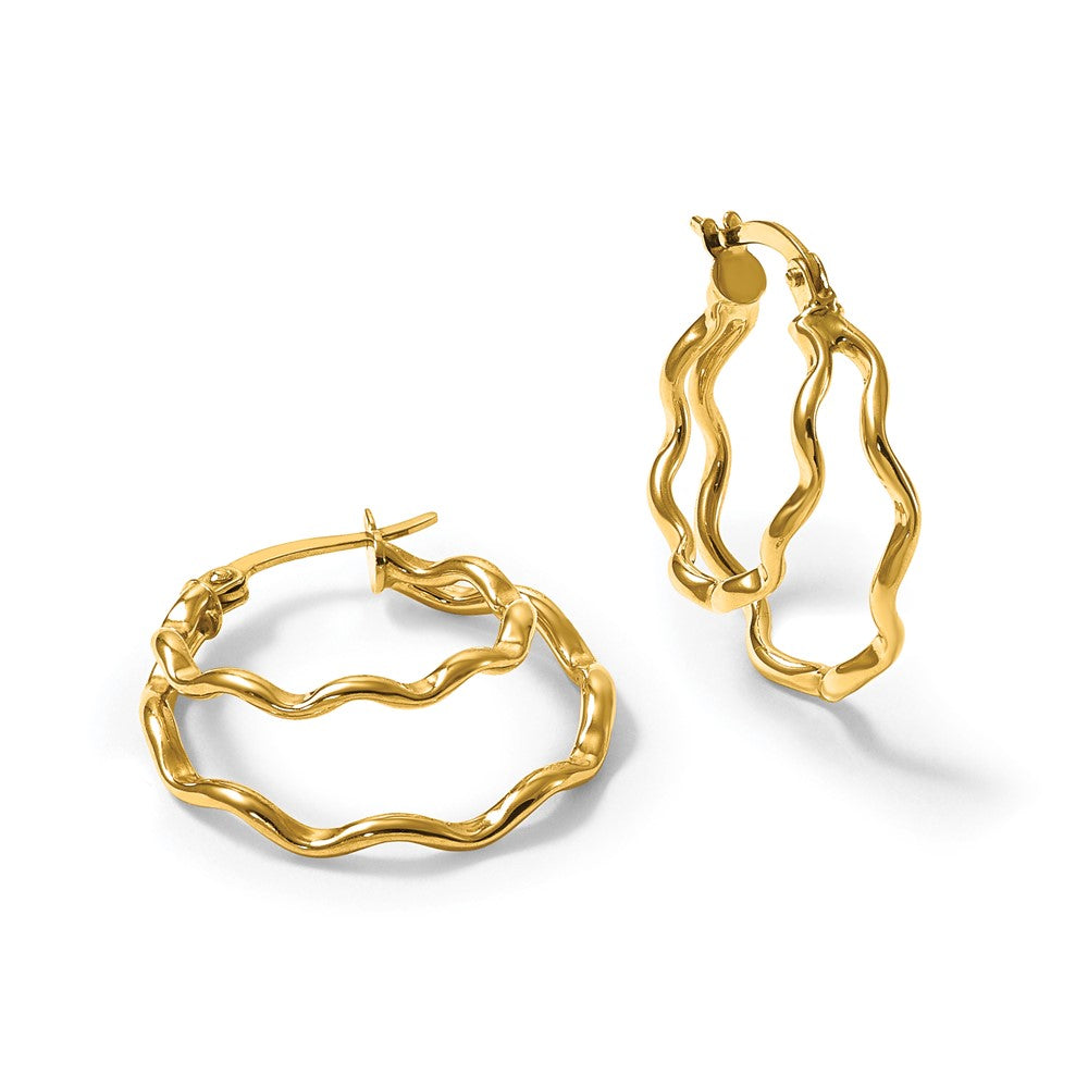 14K Yellow Gold Polished Wavy Double Circle Hoop Earrings