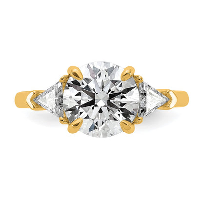 14K Yellow Gold 5/8 carat Lab Grown Diamond VS+ F+ Triangle 2 1/2 carat Round Semi Mount Three Stone Engagement Ring