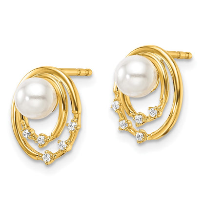 14K Yellow Gold Polished 1/20 carat Diamond and Freshwater Cultured Pearl Ovals Drop Post Earrings