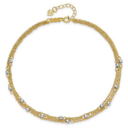 14K Two-Tone Gold Two-tone 3-Strand Chain with Mirror Beads 9 Inch Plus 1 Inch Extender - Total 10 Inch Anklet