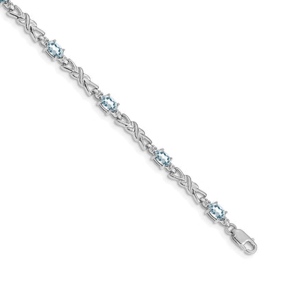 14K White Gold Complete Diamond and Oval Aquamarine X-design 7.25 Inch Bracelet