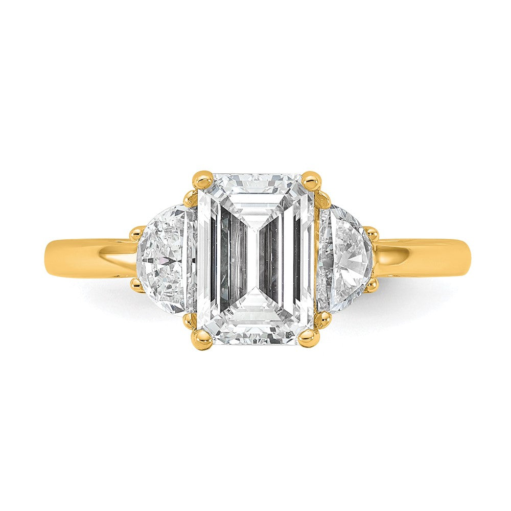 14K Yellow Gold 1/2 carat Lab Grown Diamond VS/SI+ G+ Semi Mount Emerald and Half Moon Three Stone Engagement Ring