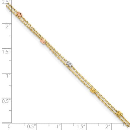 14K Tri-Color Gold Tri-color Diamond-cut Beads 2-Strand 9 Inch Plus 1 Inch Extender - Total 10 Inch Anklet