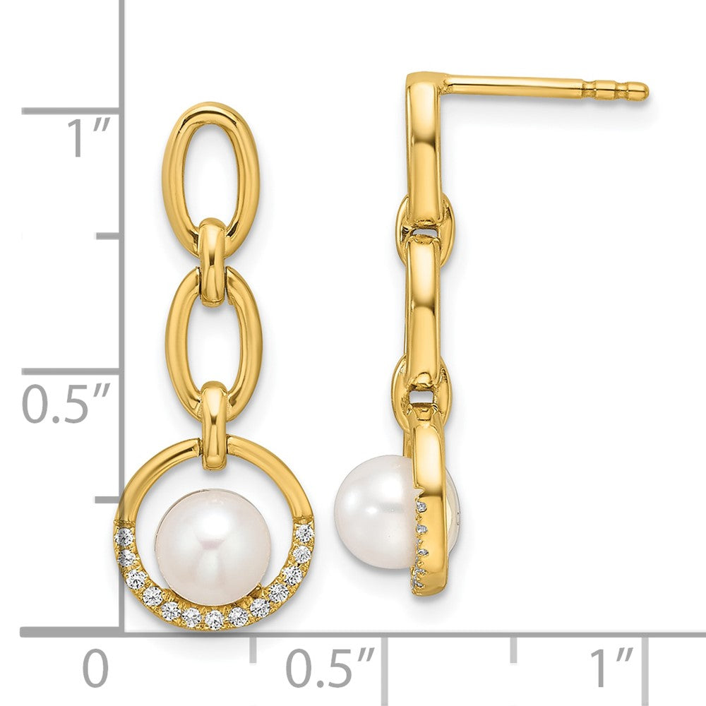 14K Yellow Gold Polished 1/10 carat Diamond and Freshwater Cultured Pearl Open Circle Dangle Post Earrings