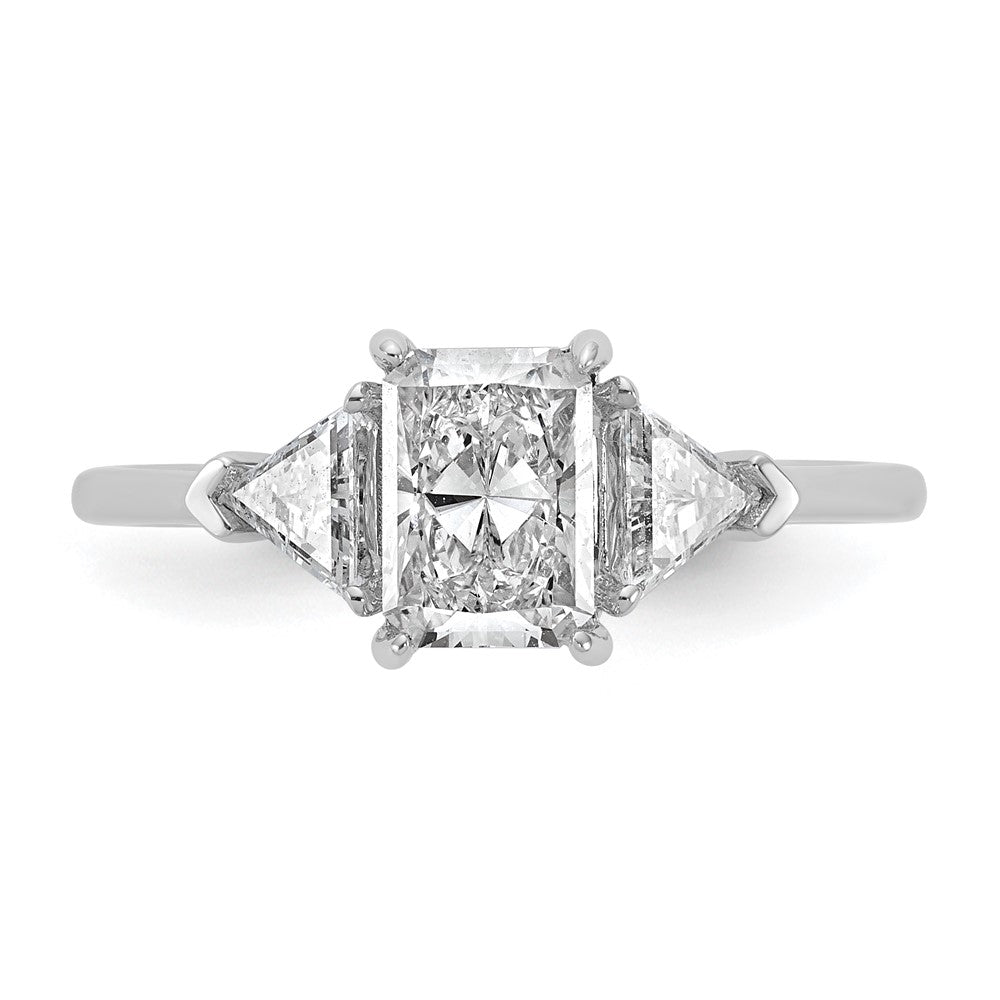 14K White Gold 3/8 carat Lab Grown Diamond VS+ F+ Triangle 1 carat Radiant Center Semi Mount Three Stone Engagement Ring