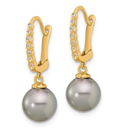 14K Yellow Gold 8-9mm Black Round Tahitian Saltwater Cultured Pearl and .07 Carat Diamond Leverback Dangle Earrings