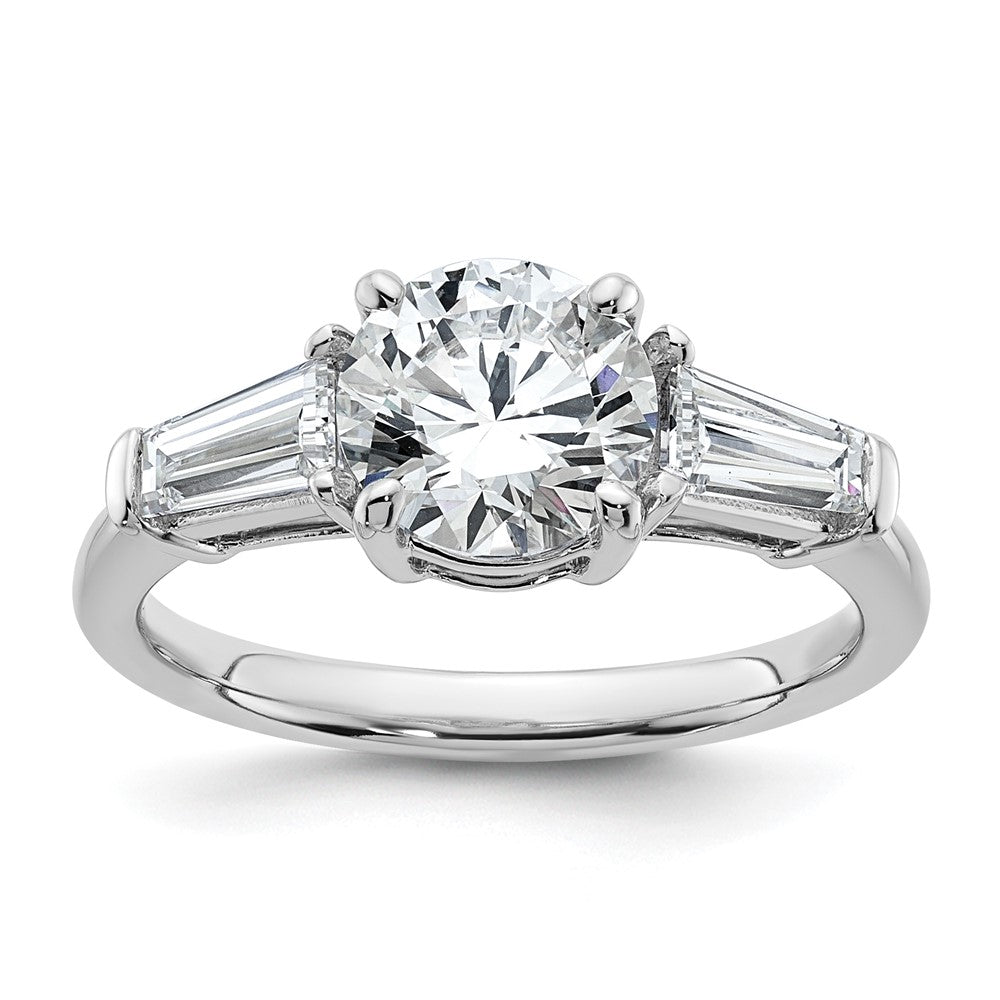 14K White Gold 2 1/5 carat Lab Grown Diamond VS+ F+ Round and Tapered Baguette Complete Three Stone Engagement Ring