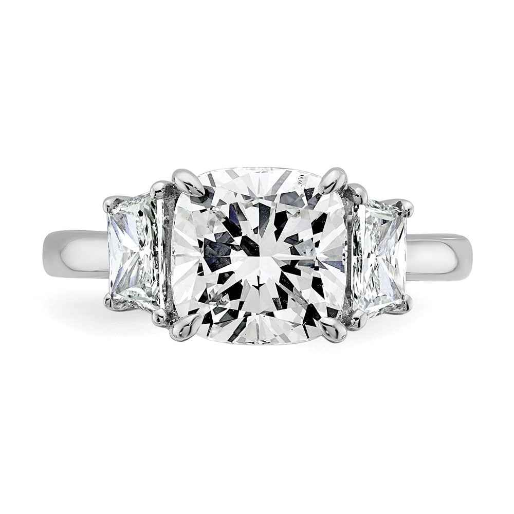 14K White Gold 3 3/4 carat Lab Grown Diamond VS+ F+ Cushion and Half Moon Complete Three Stone Engagement Ring