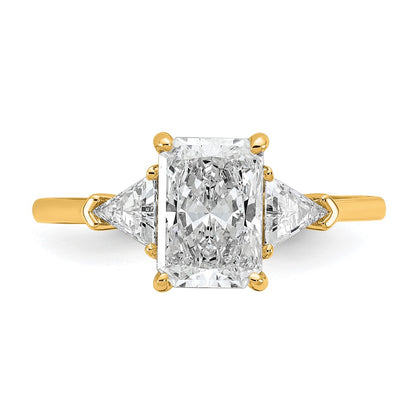 14K Yellow Gold 1/2 carat Lab Grown Diamond VS+ F+ Triangle 1 1/2 carat Radiant Center Semi Mount Three Stone Engagement Ring