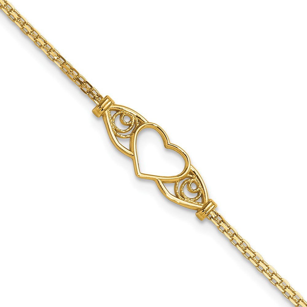 14K Yellow Gold Polished Open Heart with Filigree and Bismark Chain 9 Inch Anklet