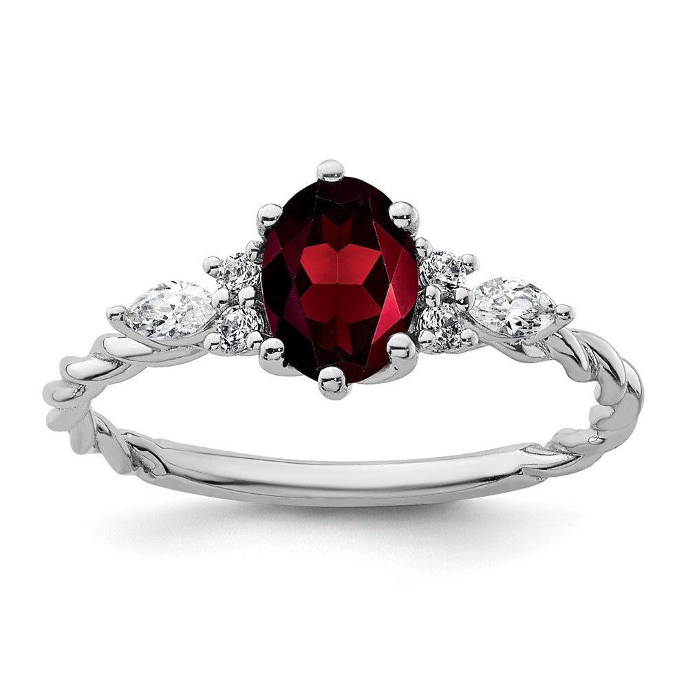 14K White Gold Diamond and 7x5 Oval January/Garnet Size 7 Twisted Ring