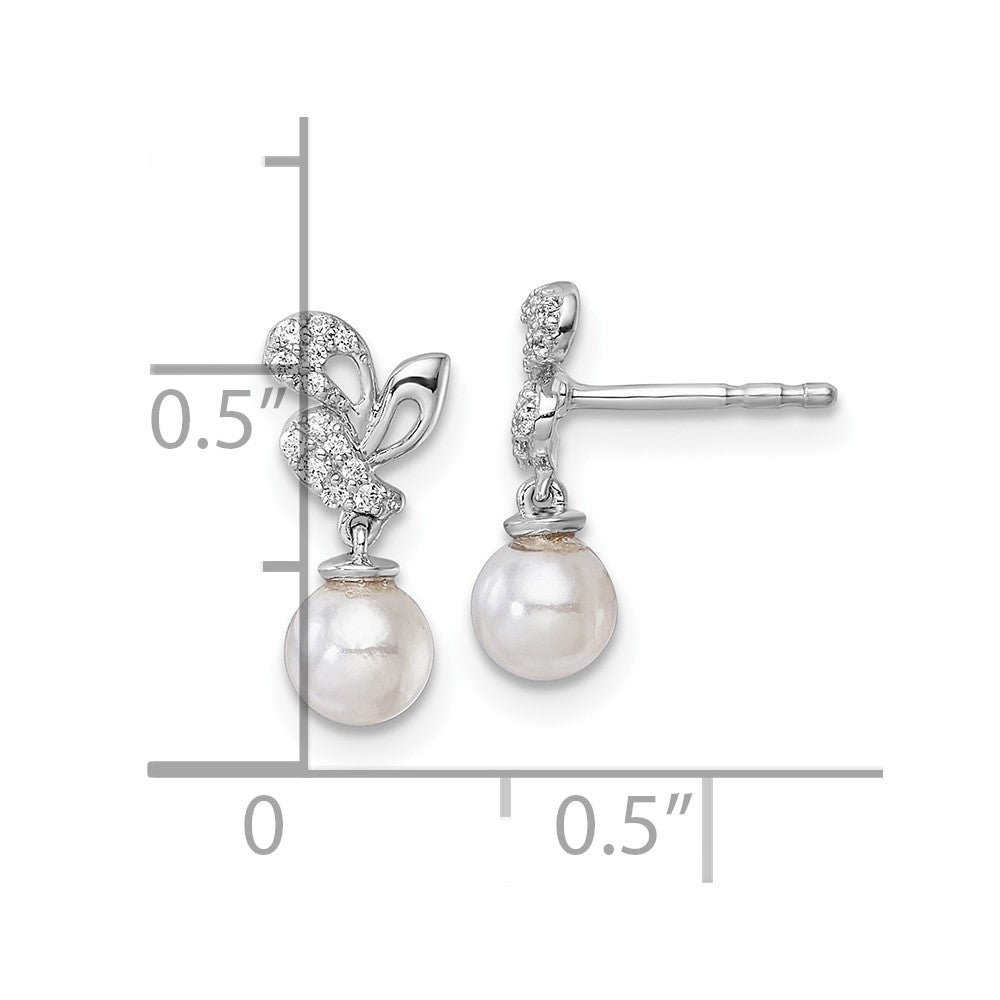 14K White Gold Polished 1/10 carat Diamond and White Freshwater Cultured Pearl Dangle Post Earrings
