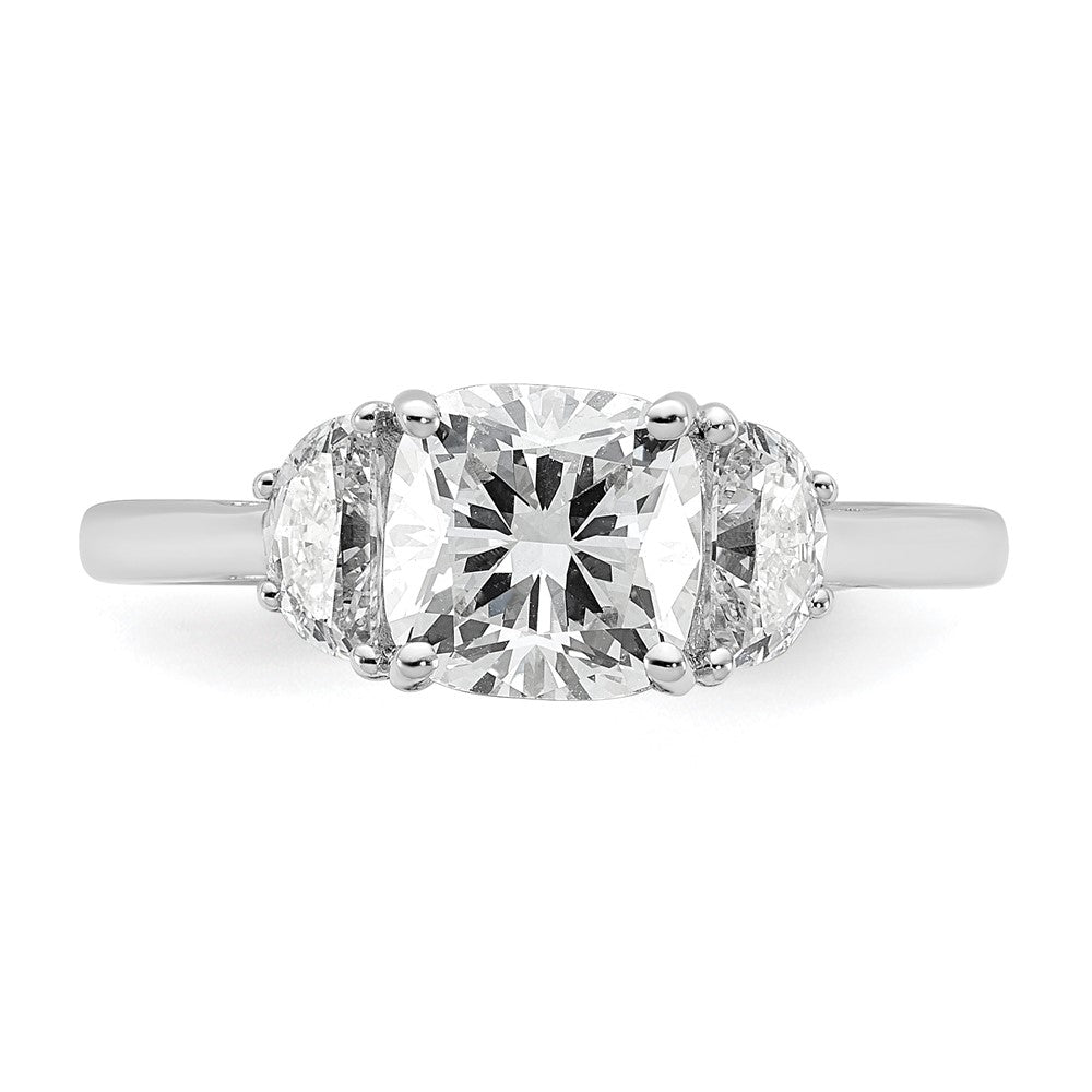 14K White Gold 1/2 carat Lab Grown Diamond VS+ F+ Half Moon and 1 1/2 carat Cushion Center Semi Mount Three Stone Engagement Ring